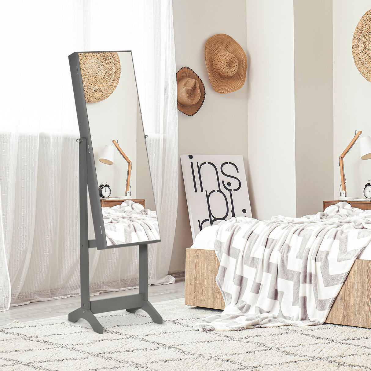 HOMCOM Floor Standing Jewelry Cabinet, Lockable Jewelry Organizer with Full-Length Mirror, and 3 Adjustable Angles, Grey HOMCOM