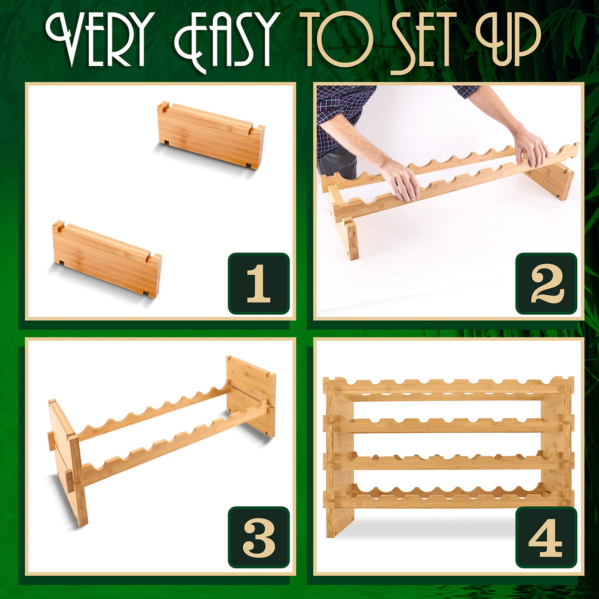 SereneLife Bamboo Stackable Wine Rack, 4-Tier 36 Bottle Capacity Wine Racks Free Standing Floor, No Tools Assembly, Modular Storage Display Shelf for Kitchen and Cellar 33.5" x 10" x 21" SereneLife