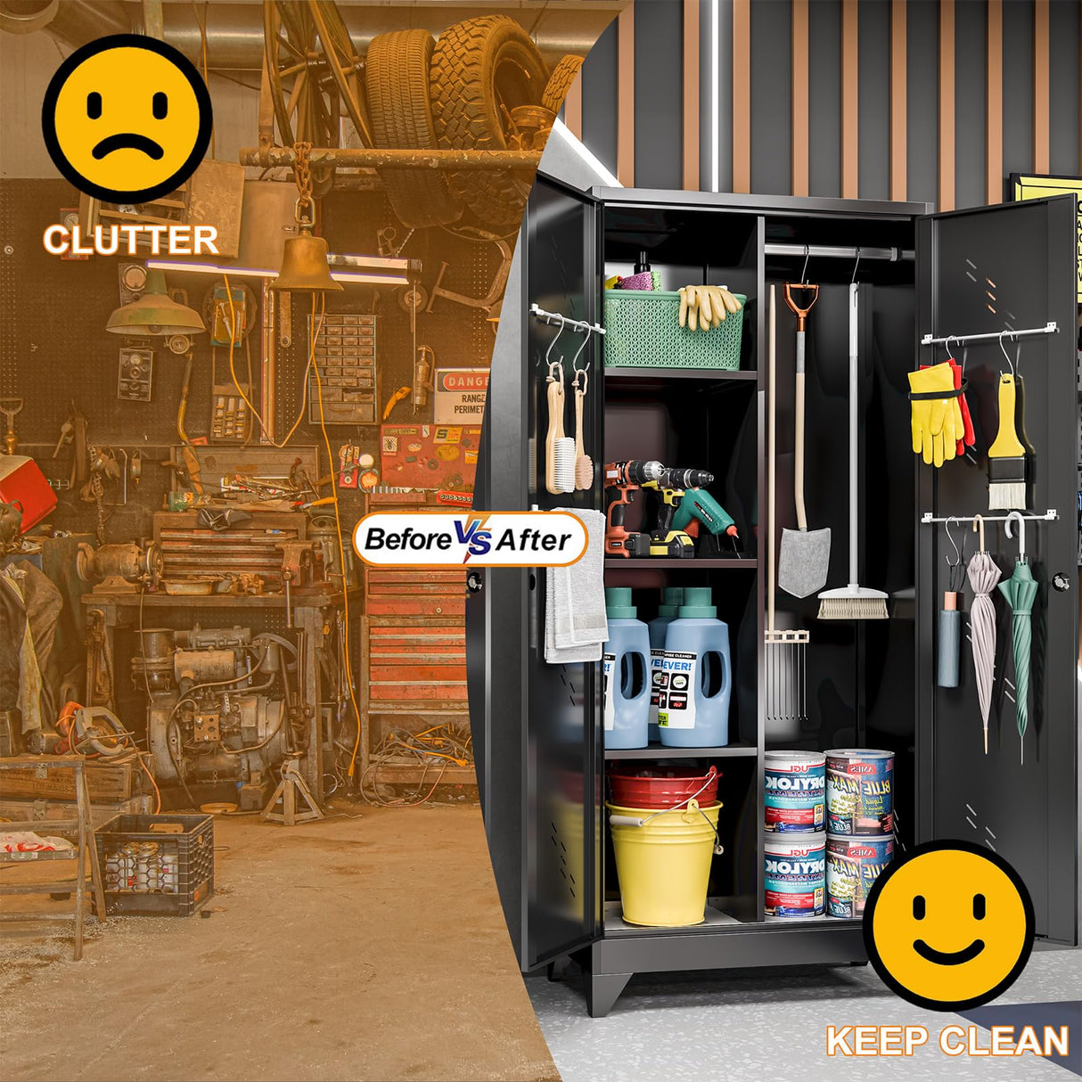 YILFANA 71" Metal Storage Cabinet with Lockable Doors, Functional Garage Storage Cabinet, Tool Cabinet Tool Cabinet Garage Organization Cabinet with Hanging Rod & S-Hooks (71" Utility Cabinet) YILFANA