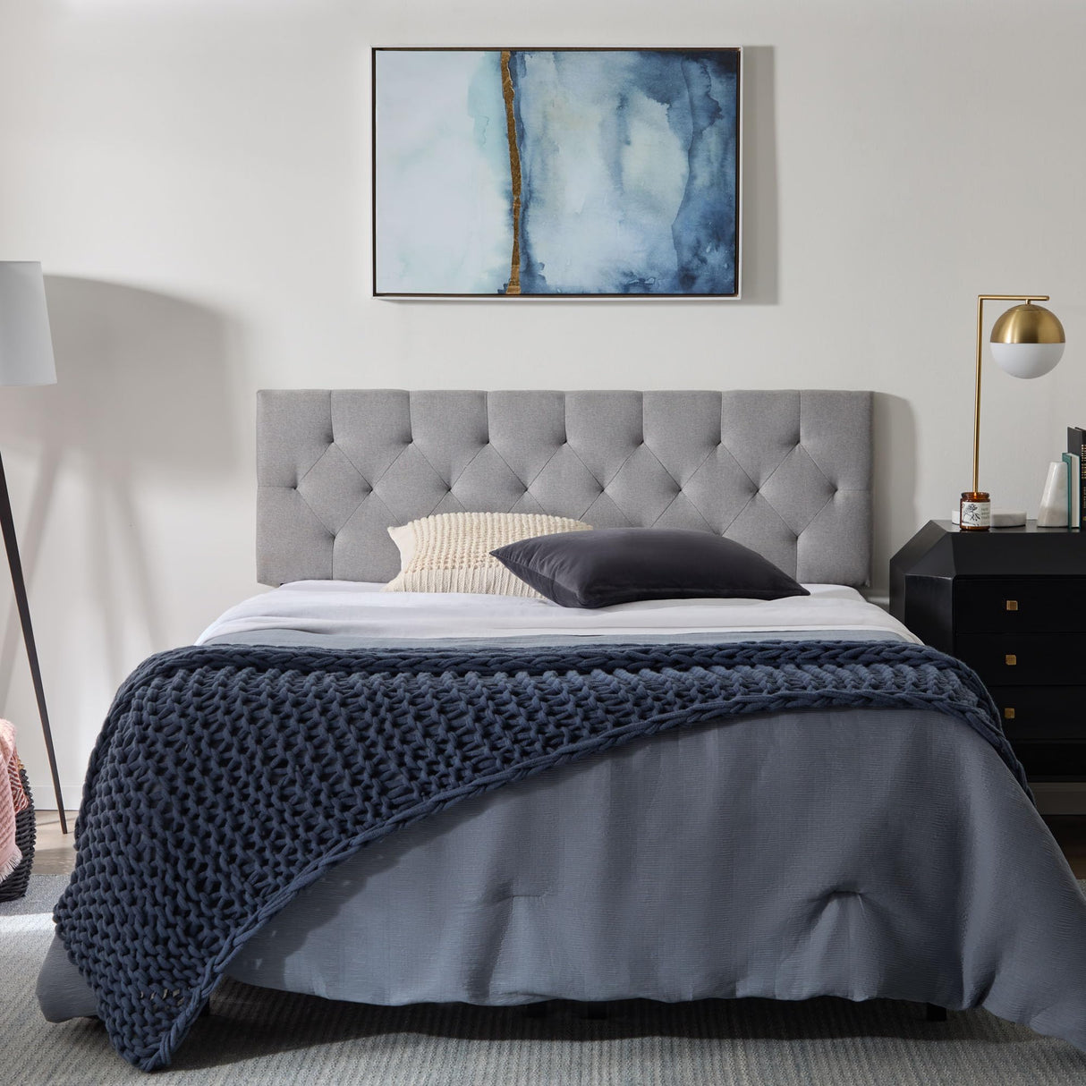 LUCID Mid-Rise Upholstered Headboard - Diamond Tufted - Padded Polyester - Adjustable Height from 34” to 46” - Easy Assembly - Bed Frame or Wall Mount - Sturdy - Stone - Full / Full XL Size LUCID
