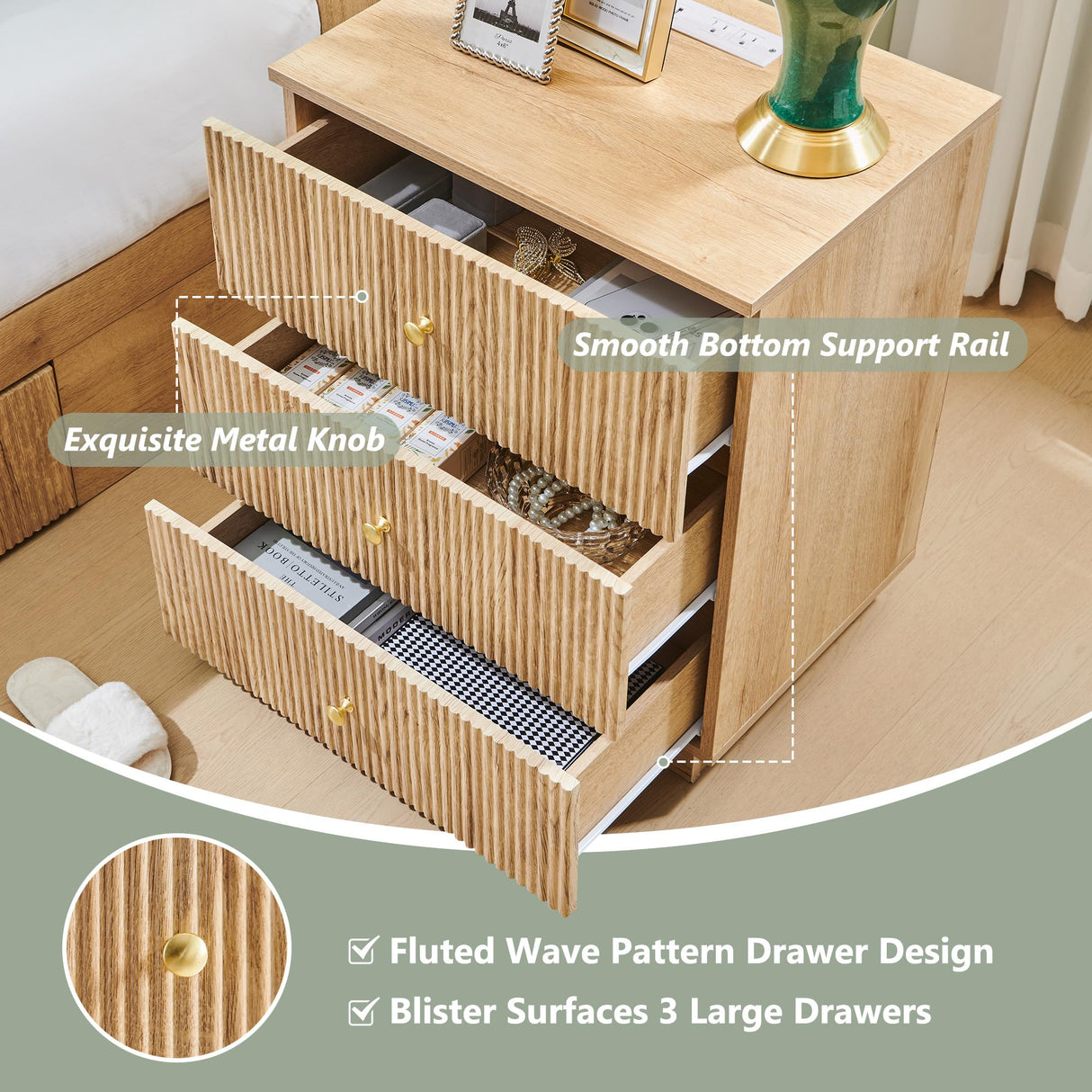 wow97e Fluted Night Stand with Charging Station, 21.65" Nightstand with Drawer, 3 Drawer Dresser for Bedroom, Morden End Table Bedside Table Chests of Drawers for Bedroom, Living Room, Natural wow97e