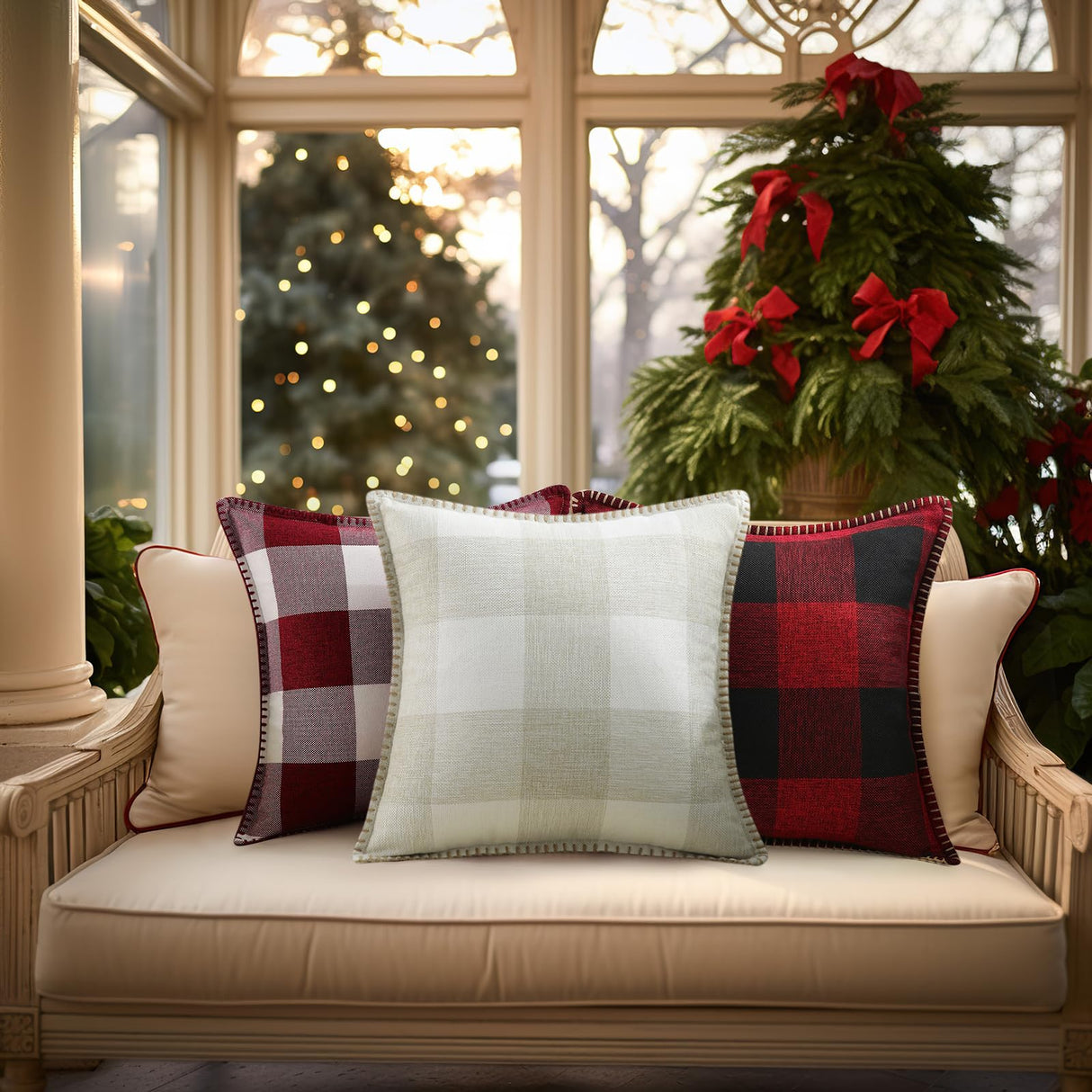 decorUhome Christmas Buffalo Plaid Check Throw Pillow Covers 18x18 Set of 2, Outdoor Linen Decorative Farmhouse Gingham Pillow Covers with Stitched Edge for Bed Couch Sofa, Cream White and Beige decorUhome