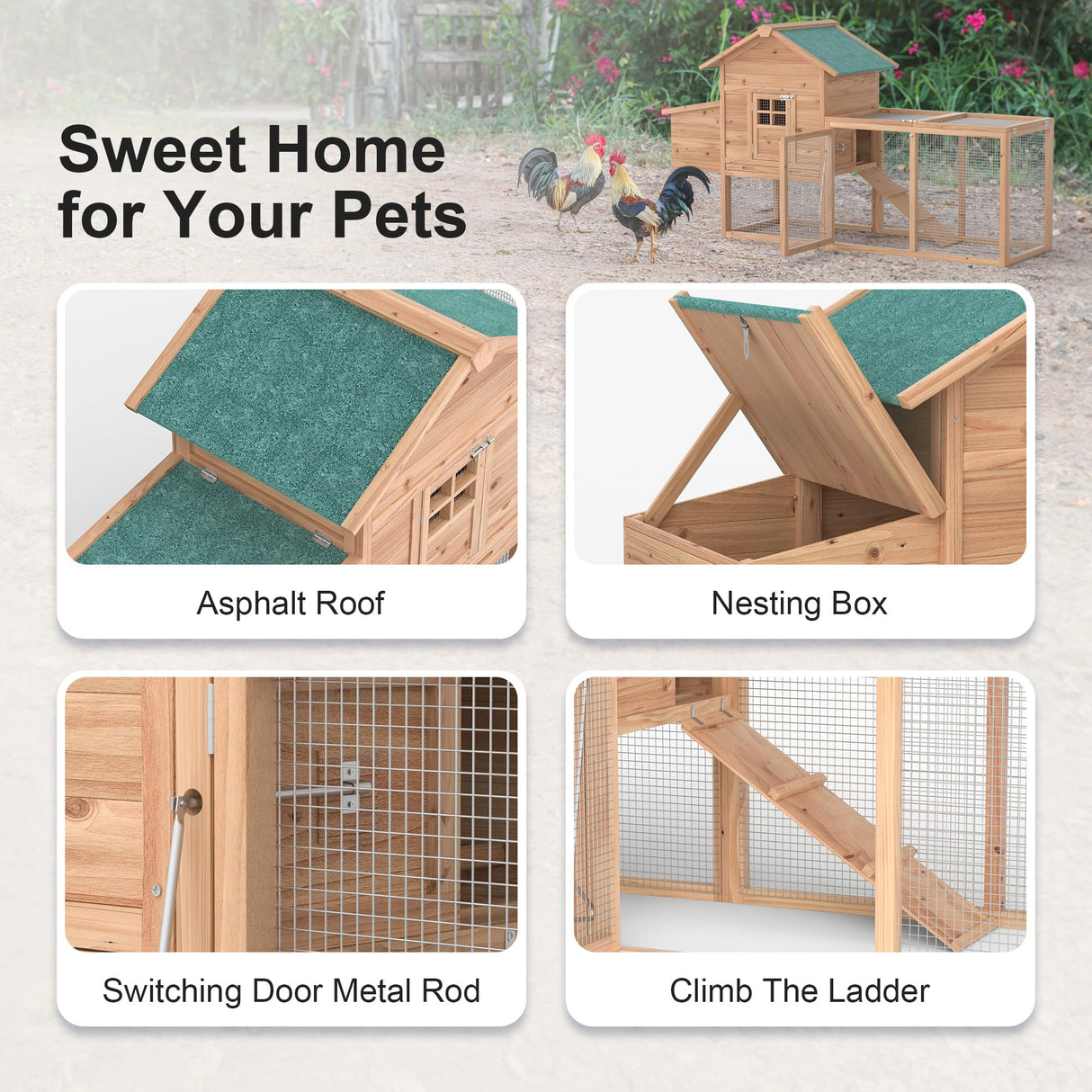 Outdoor Chicken Coop for 2-4 Chickens Wooden Hen House Poultry Pet Hutch Run Cage w/Waterproof Asphalt Roof, Ramp, Nesting Box, Wire Fence (80") GOJOOASIS