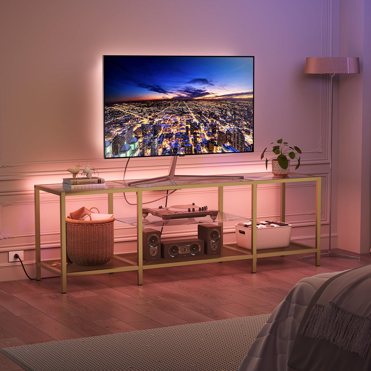 HOOBRO TV Stand with LED Lights and Power Outlets for TVs up to 75", Modern 63 Inch Tempered Glass TV Console Table with Open Shelves, Media Entertainment Center for Living Room, Gold GD165UDS01 HOOBRO