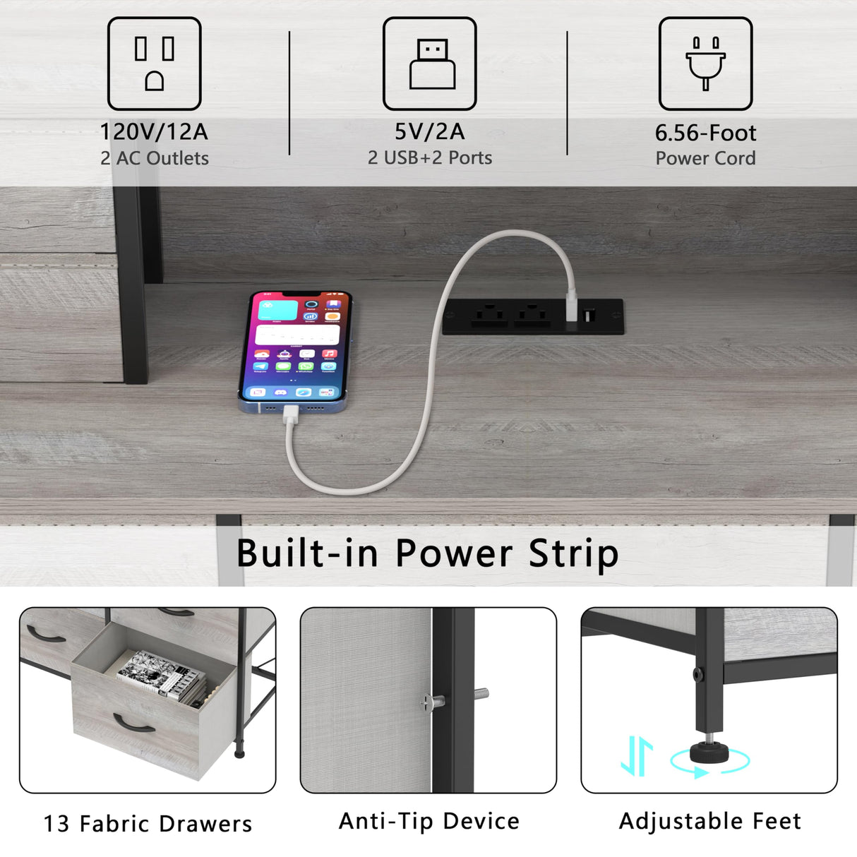 Welfuturer Grey Dresser with Power Outlets and LED Lights 13 Drawers Long Dresser for Bedroom Faux Leather Fabric Chest of Drawers for Living Room Hallway Entryway Closets Sturdy Frame Wood Top Welfuturer