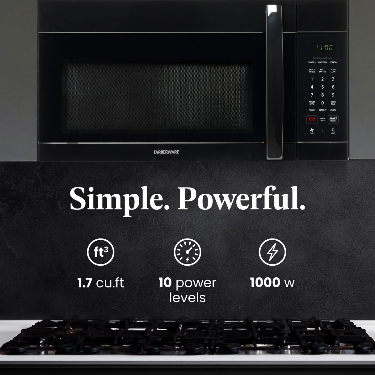 Farberware Over-the-Range Microwave Oven, 1.7 Cu. Ft. - 1000W - Auto Reheat, Multi-Stage Cooking, Melt/Soften Feature, Child Safety Lock, LED Display - Space Efficient & Powerful - Black Farberware