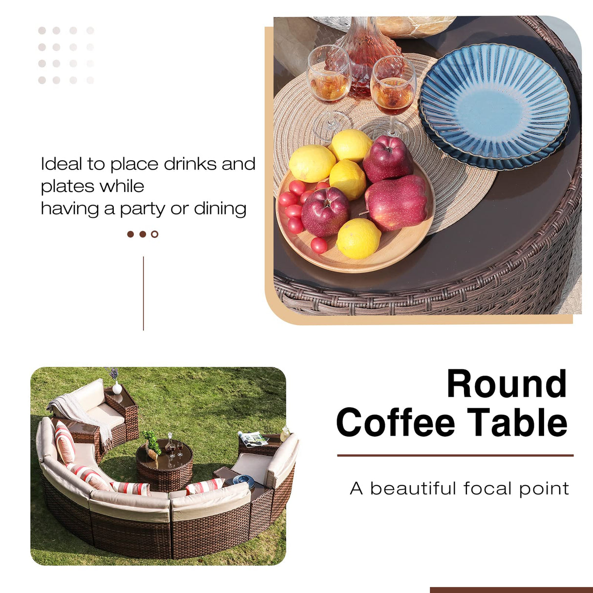 SUNSITT Outdoor Sectional Set 11-Piece Half Moon Patio Furniture Brown Wicker Sofa Beige Cushions with 4 Side Table and 4 Pillows SUNSITT