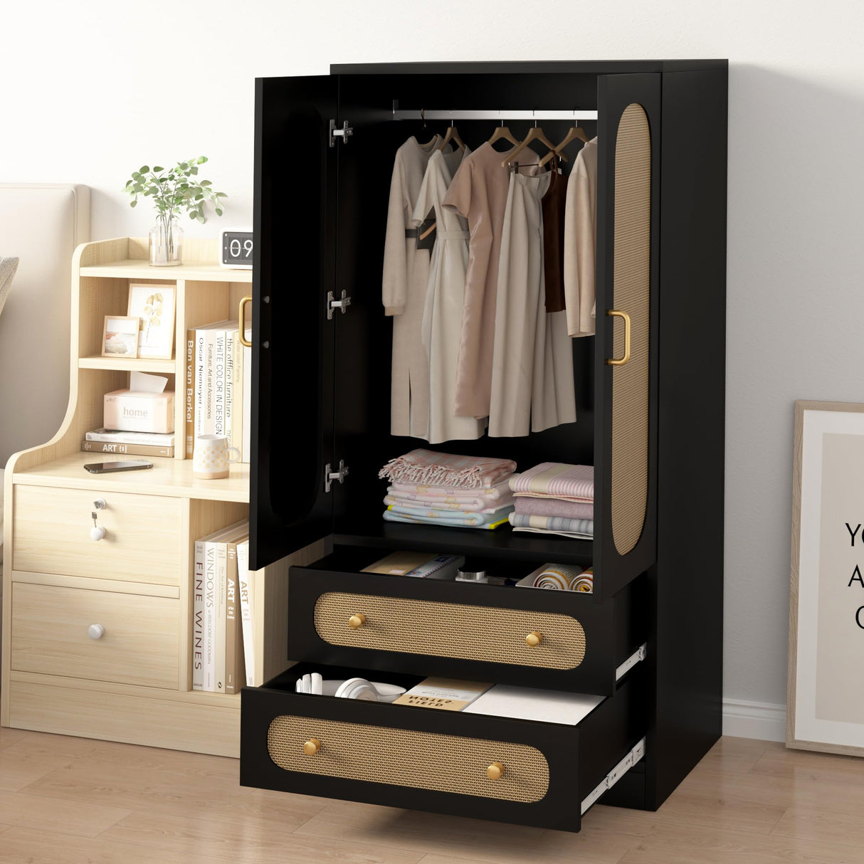 MJADUE Wood Wardrobe Closet with 2 Doors and Drawers, Wooden Closet Storage Cabinet with Gold Handles for Clothes, Rattan Freestanding Wardrobe Cabinet for Bedroom/Apartment,Black MJADUE