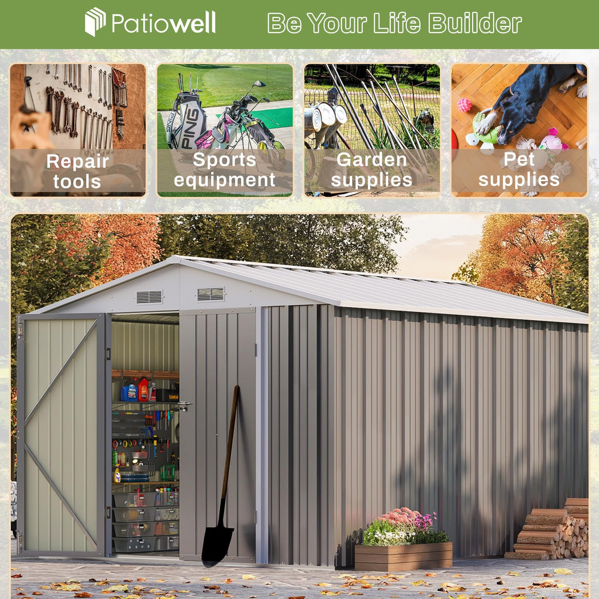 Patiowell 8x10 FT Outdoor Storage Shed, Large Garden Tool Metal Shed with Sloping Roof and Double Lockable Door, Outdoor Sheds for Backyard Garden Patio Lawn,Grey Patiowell