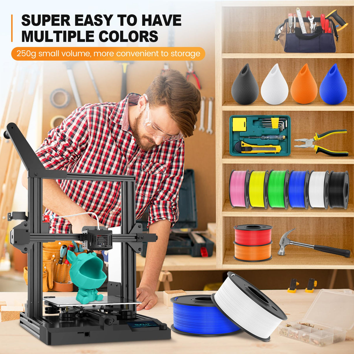 SUNLU 3D Printer Filament Bundle Multicolor PETG Filament 1.75mm, Individually Vacuum-Sealed, 2kg in Total, 0.25kg per Spool, 8 Pack, 8 Colors, Black+White+Red+Yellow+Pink+Blue+Orange+Green SUNLU