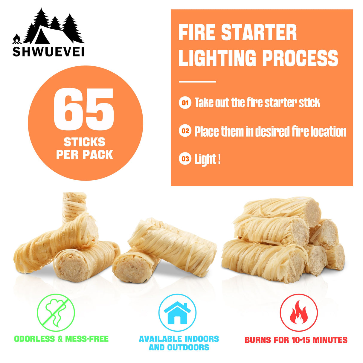 Shwuevei 65 pcs Fire Starter - Natural Fire Starters for Fireplace, Pellet Stove & Wood, Fire Pit, Smoker, BBQ, Chimney, Pizza Oven - Fire Starters for Grill, Charcoal Starter Shwuevei