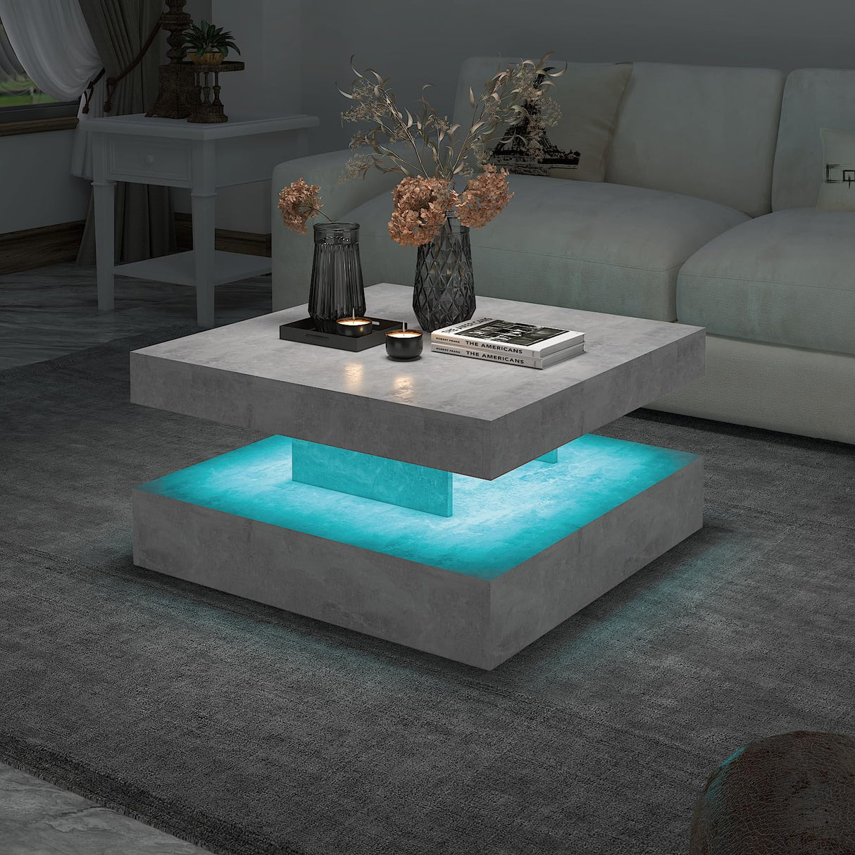 HedoAjim Grey LED Coffee Table for Living Room, Living Room Table 2-Tier Square Middle Center Table, Modern Coffee Tables with Storage, Contemporary Wood Tea Tables for Dining Reception HedoAjim