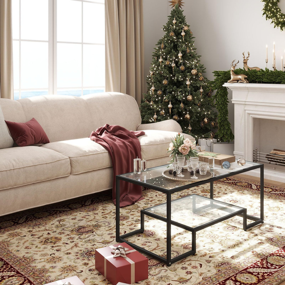 Kebynti 42" Rectangular Glass Coffee Table for Living Room, 2-Tier Center Tea Table with Metal Frame for Small Space, Apartment, Office (Black) Kebynti