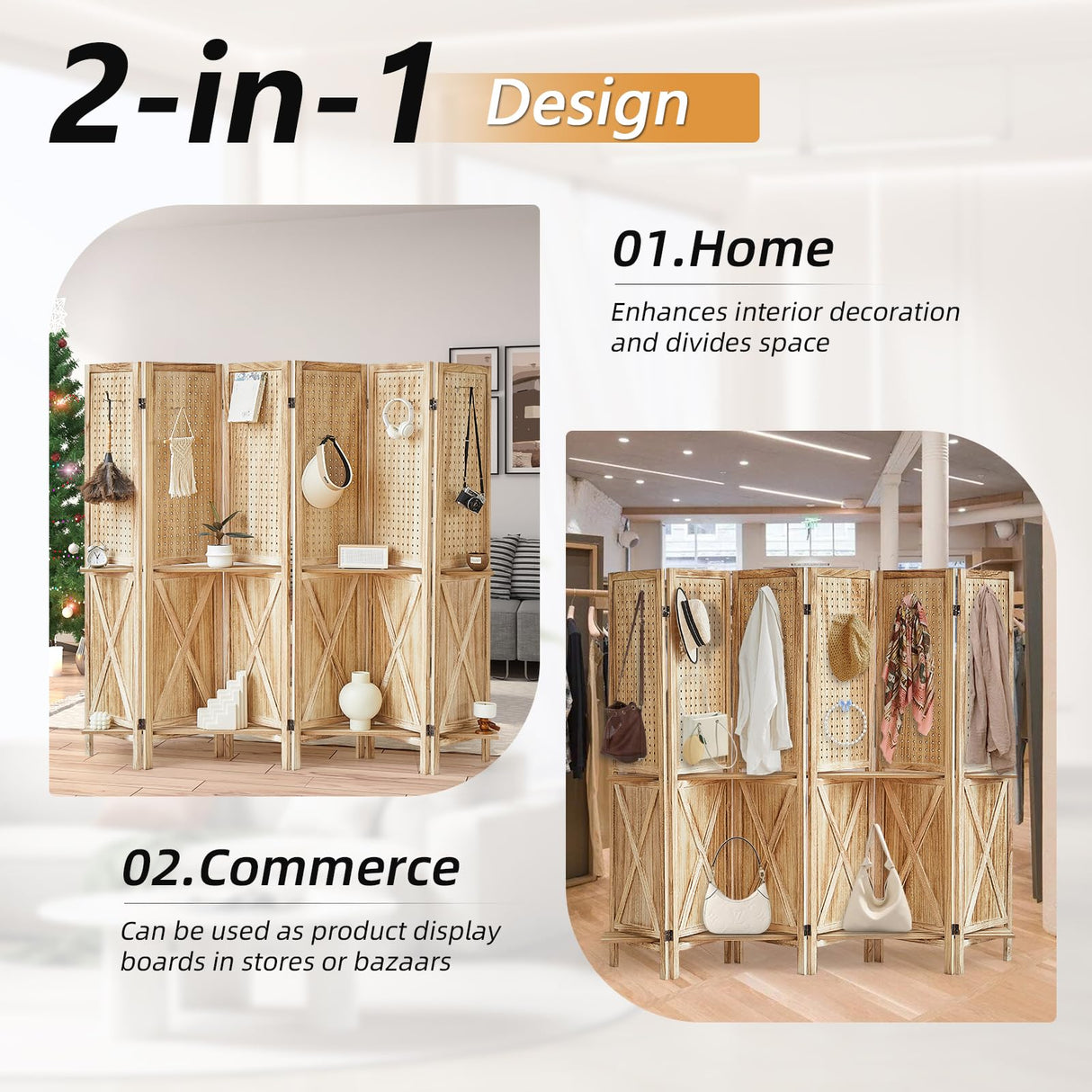Aletheiawu 6 Panel Room Divider with Shelves, Wooden Pegboard Room Dividers, 5.6Ft Room Partitions and Dividers, Room Divider Panel with 24 Hooks for Bedroom, Study, Shop, Natural Color Aletheiawu