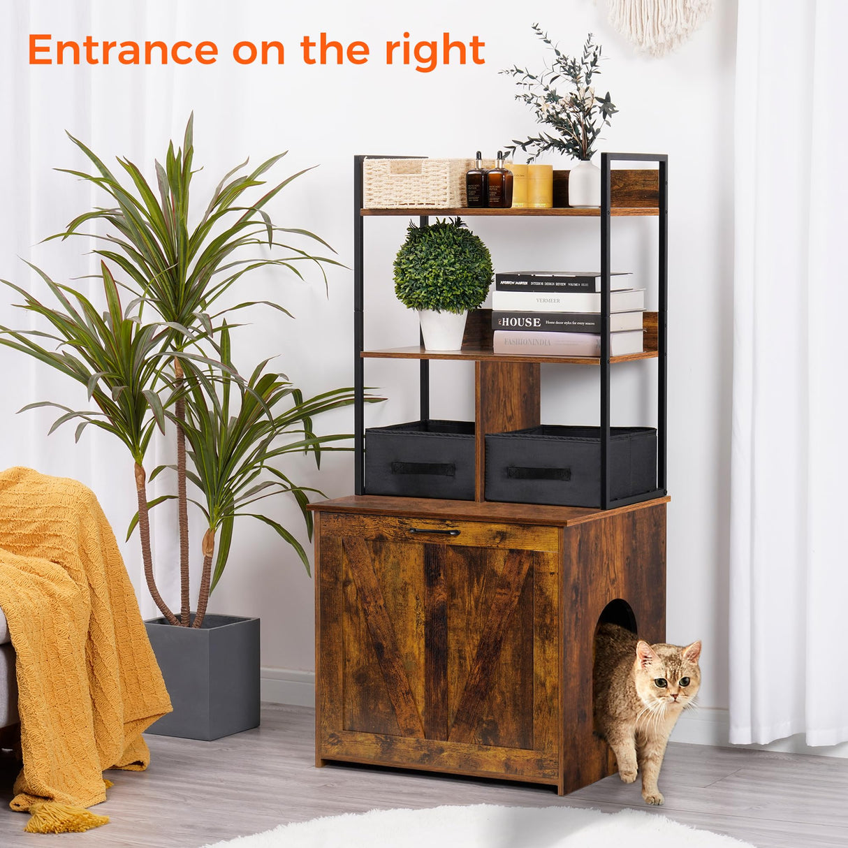 Dwanton Litter Box Enclosure with 2 Storage Shelves and 2 Drawers, 2-in-1 Hidden Cat Litter Box Enclosure Furniture with Shelf, Reversible Entrance, Washable Drawers, 50-Inch, Rustic Brown Dwanton