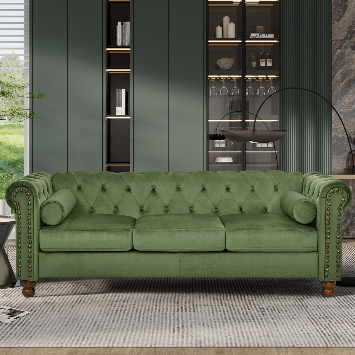 Anwick Chesterfield 3 Seater Sofa, Mid Century Modern Large Sofa with Rolled Arms and Solid Wood Legs, Upholstered Leather Tufted Couch for Living Room, Bedroom, Office, Apartment (Green) Anwick