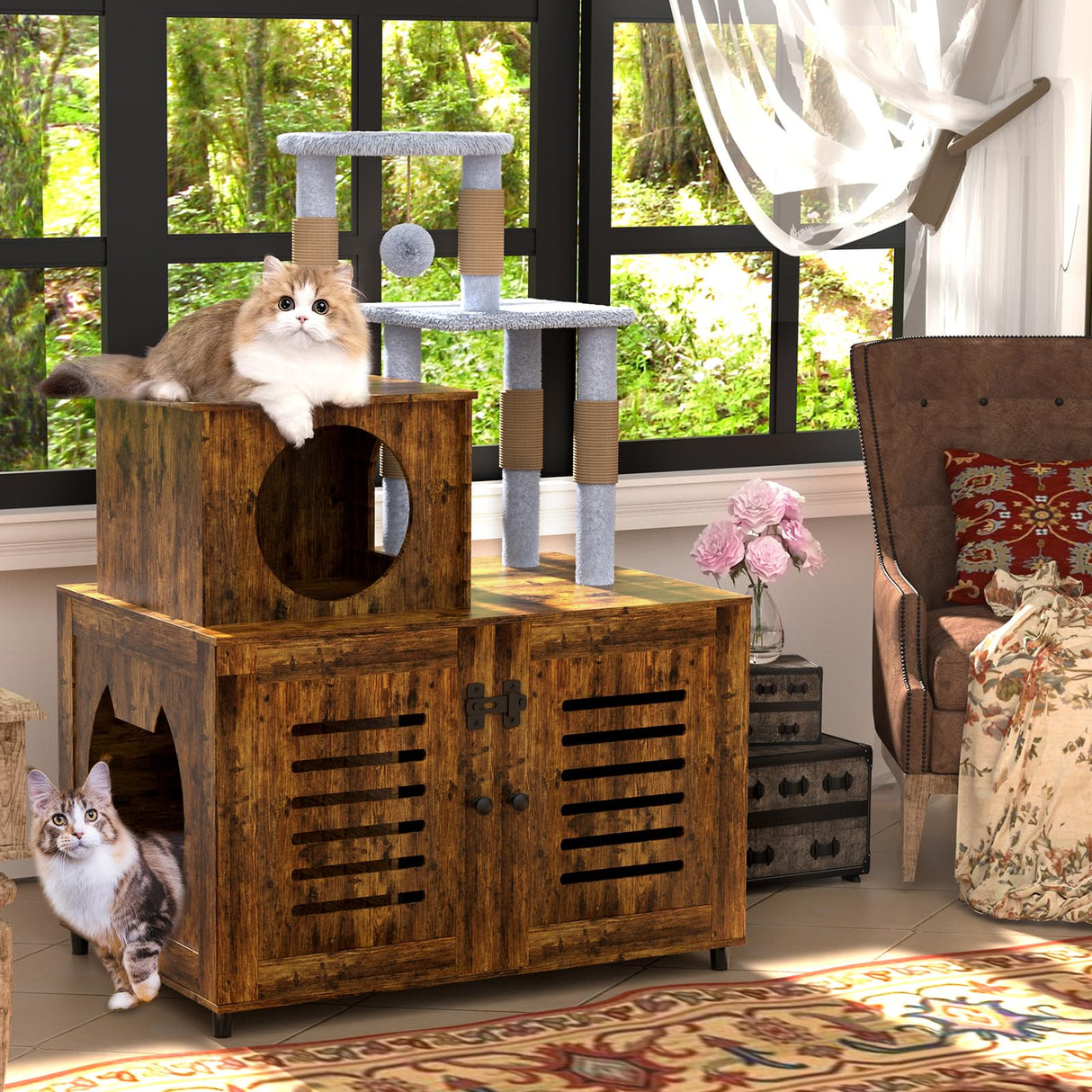Cat Tree with Litter Box Enclosure, Cat Litter Box Enclosure with Scratching Post and Soft Plush Perch, Hidden Cat Washroom Furniture with Divider, All-in-one Cat Cabinet, Rustic Brown Ryvorbe