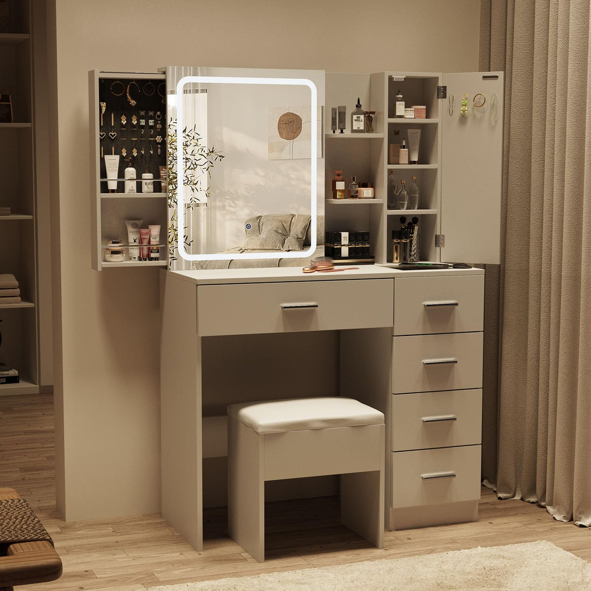 Fameill White Vanity Desk with Mirror and Lights,Makeup Vanity Table Set with Power Strip and Sliding Locker,Visual Drawer Makeup Desk with 5 Drawers&Shelves&Cabinet,3 Lighting Modes Fameill