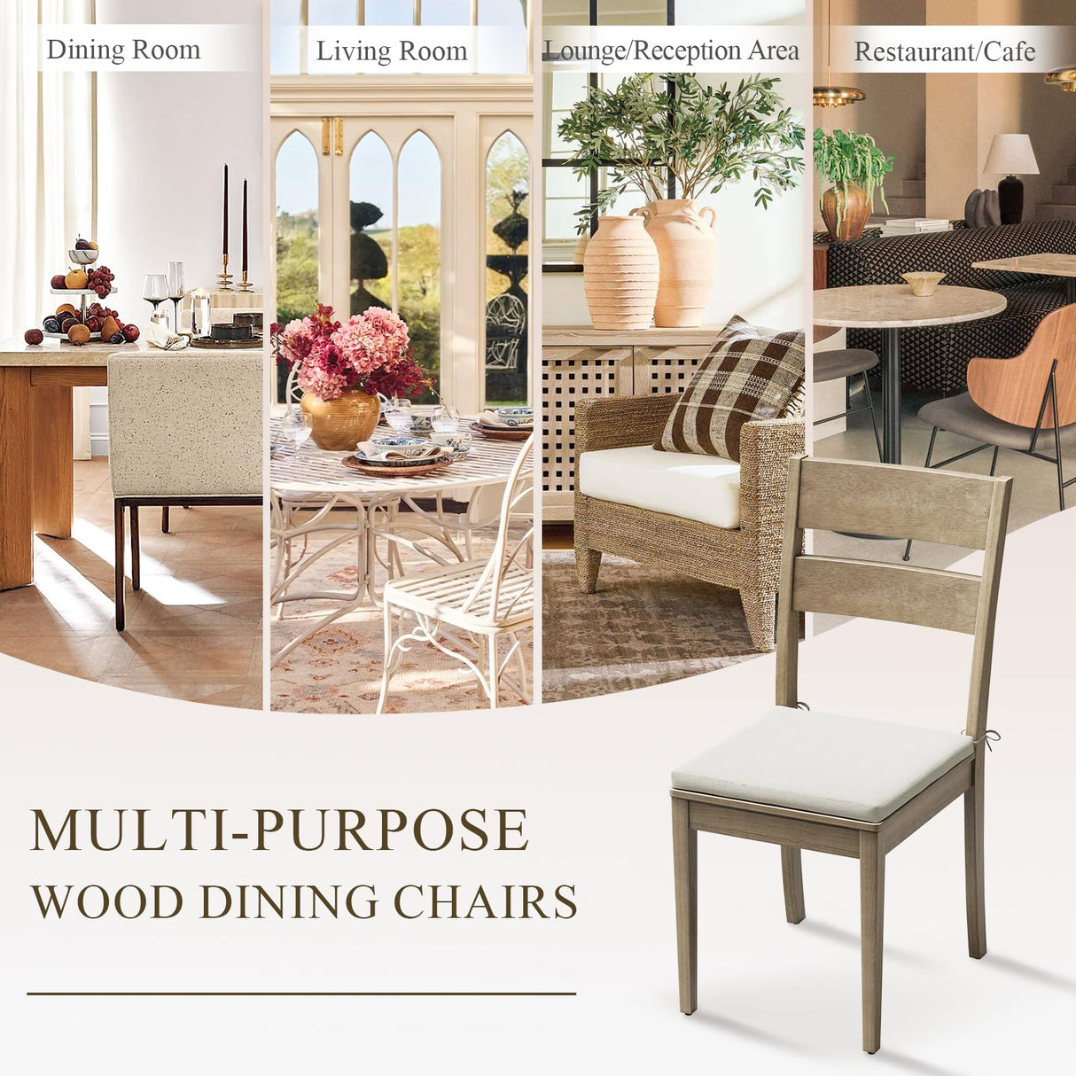 COLAMY Farmhouse Dining Chairs Set of 4, Upholstered Kitchen Chairs with Ladder Back, Modern Wood Side Dining Room Chairs with Wooden Legs for Rustic Restaurant, Light Brown COLAMY