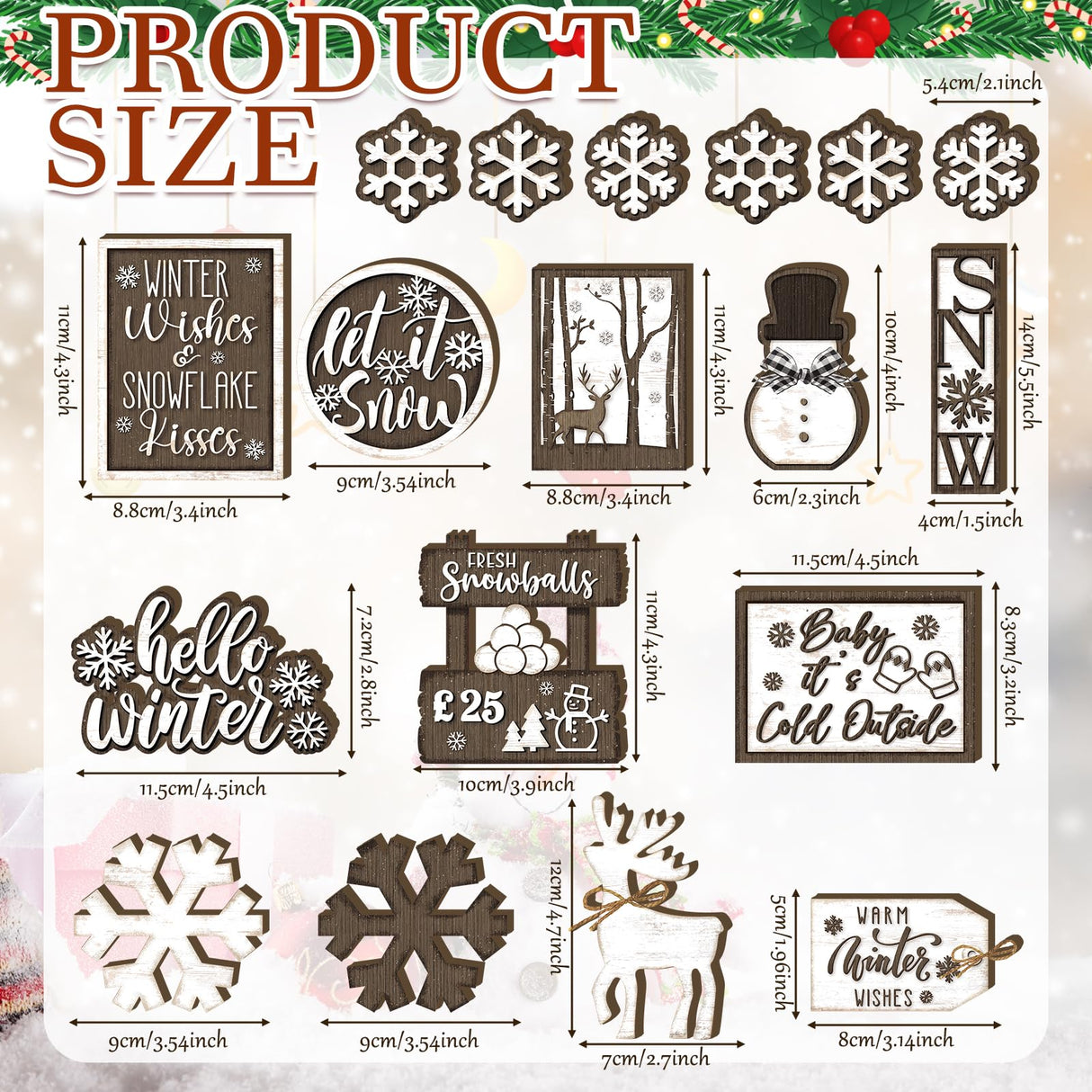17 Pcs Chiristmas Tiered Tray Decor Winter Snowman Tiered Decorations Set Snowflake Reindeer Table Centerpieces Decor Winter Wooden Signs Table Decoration Without Tray for Farmhouse Party Funnymoom