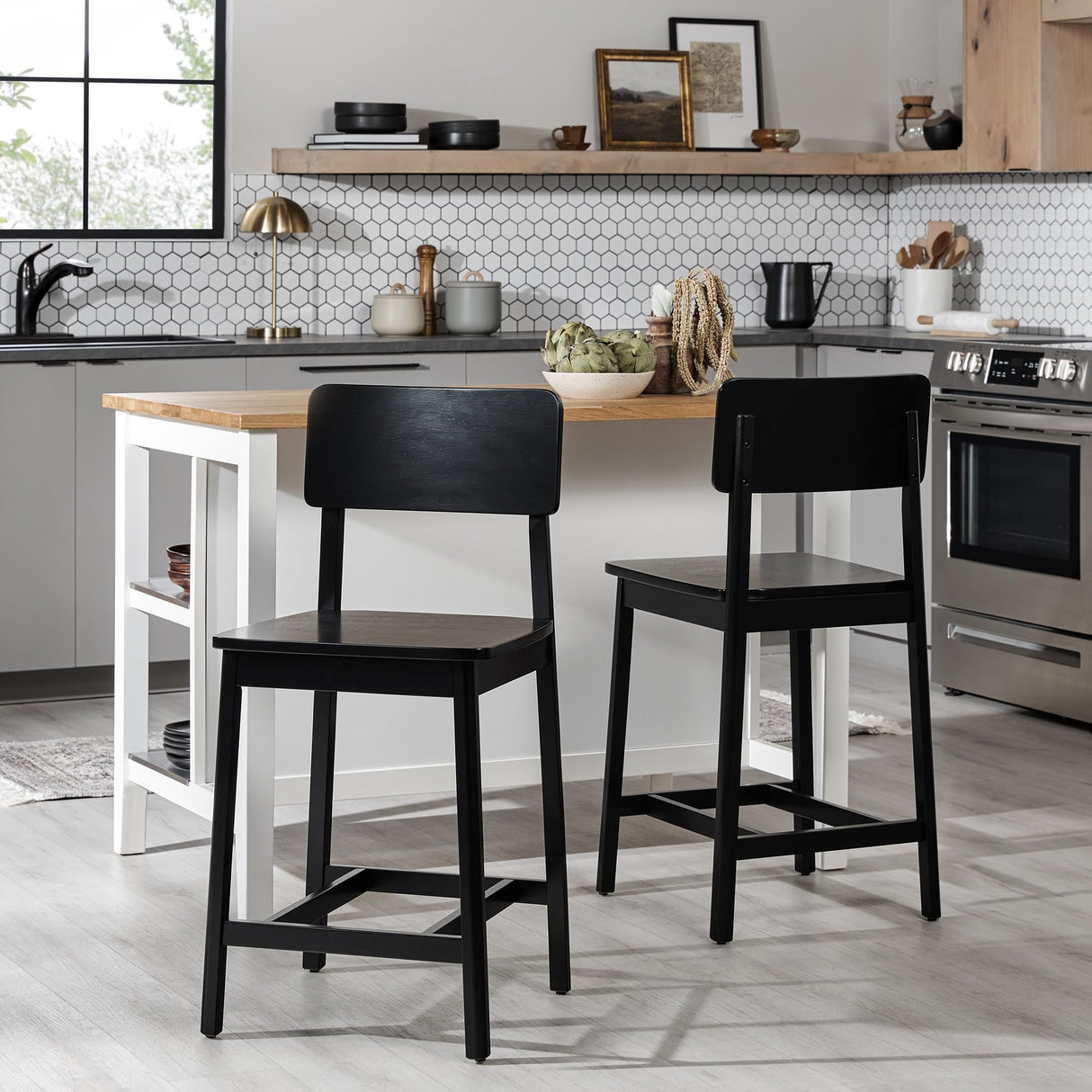 Walker Edison 2-Piece Minimalist Solid Wood Counter Stool, Set of 2, Black Walker Edison