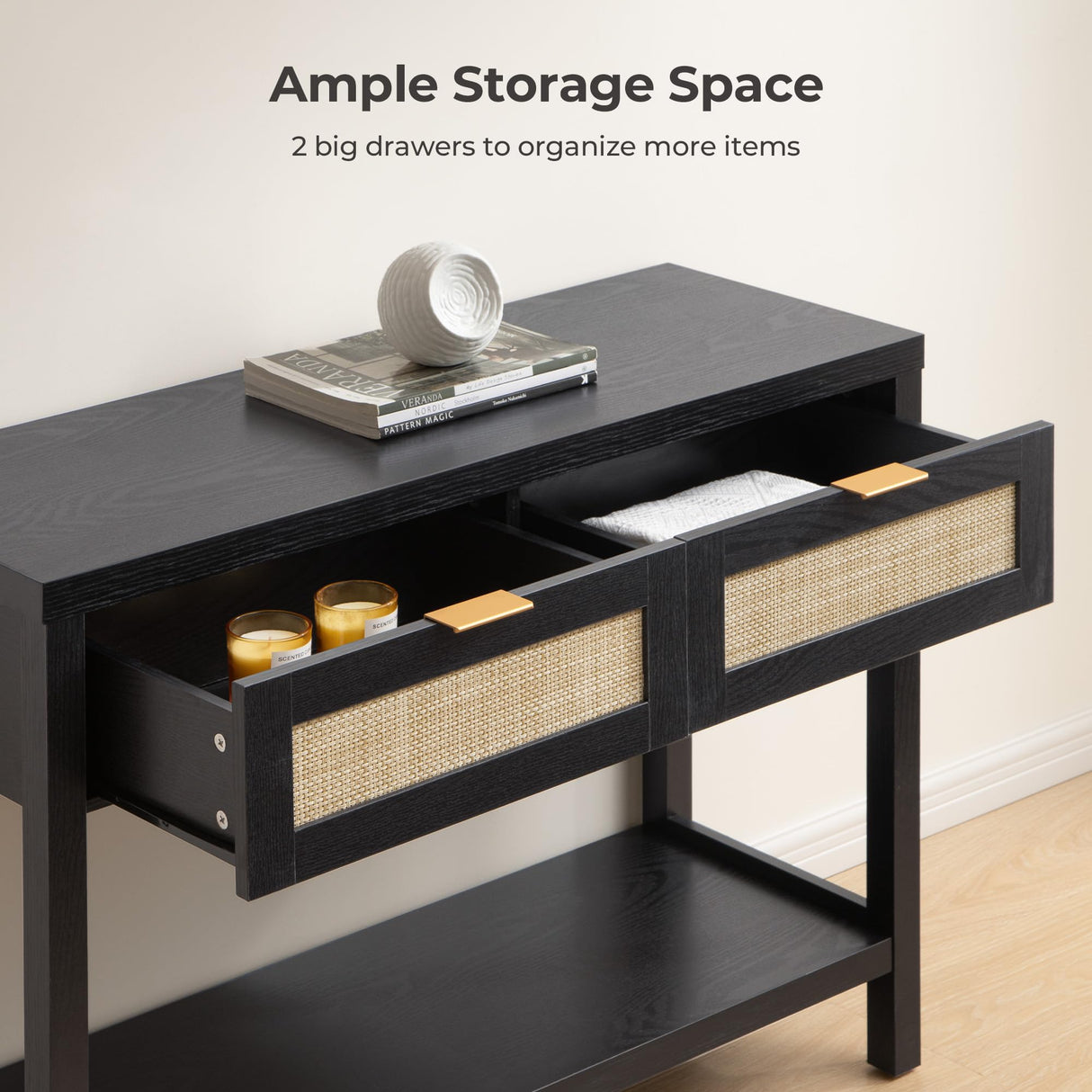 SICOTAS Black Console Table with Rattan Drawers - Boho Rattan Entryway Table with Storage, Wood Small Console Tables for Entryway, Entry Table for Hallway, Sofa Table SICOTAS