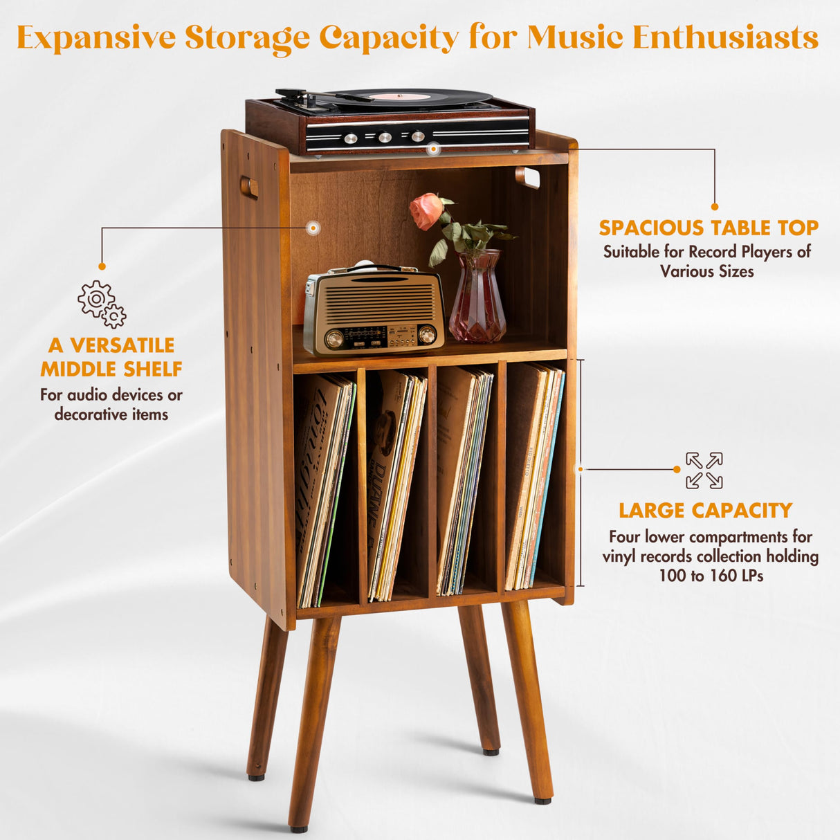 Wooden LP Record Player Stand, 3-Tier Turntable Stand Cabinet Holds up to 100 Albums, Metal Record Storage Holder and Organizer Table, Mid-Century Modern Record Player Holder for Living Room & Bedroom 2BHOME