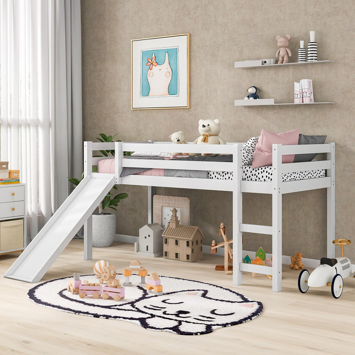 NAFORT Twin Size Loft Bed with Slide & Stairs – Low Loft Bed for Kids, Solid Wood Frame with Guard Rails, Slat Support & Climbing Ladder, Space Saving White Finish NAFORT