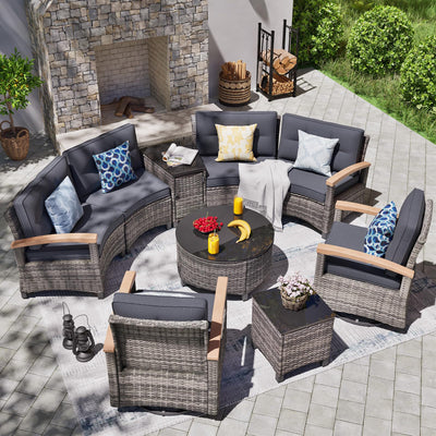 MEISSALIVVE 9-Piece Outdoor Patio Furniture Set, Half-Moon Curved Sectional Set with Wood Armrests, Patio Conversation Set, Tempered Glass Coffee & Side Tables (Grey)