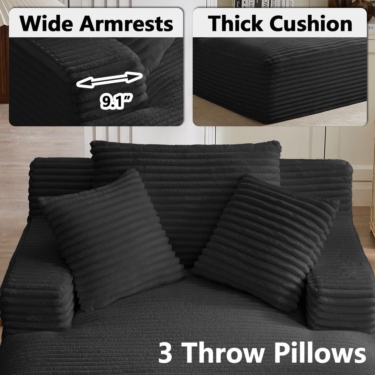 50" Boneless Couch, Oversized Chaise Lounge Sofa, Corduroy Chaise Lounge Chair Indoor with Comfy Pillows for Living Room Bedroom, Foam Filling, No Assembly (Black) Nahenduo