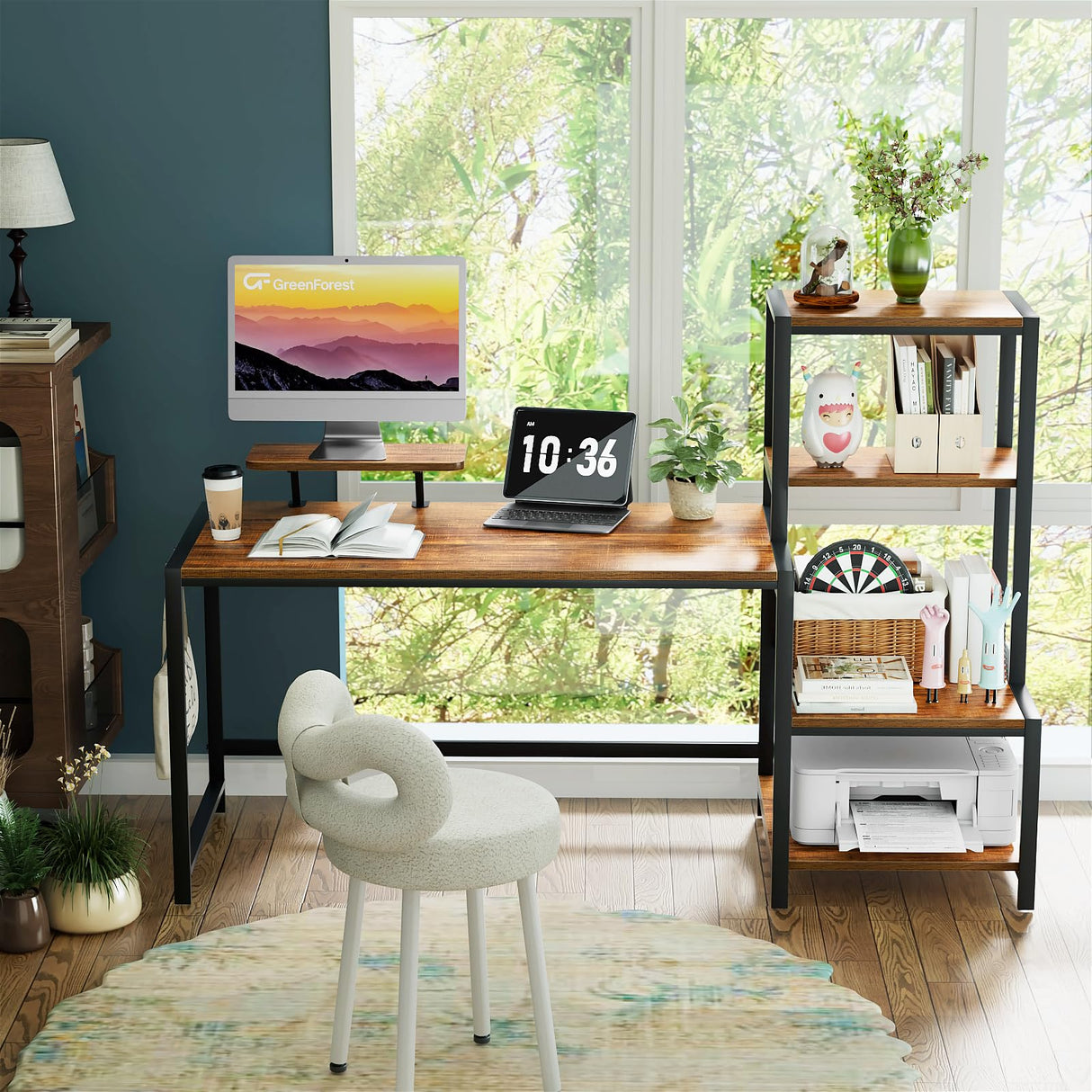 GreenForest Computer Desk 58 inch with Printer Shelf, Reversible Office Desk with Monitor Stand and 2 Hooks, Home Desk Workstation for Study Writing Working Gaming, Brown GreenForest