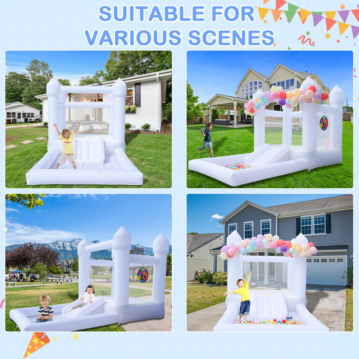 White Inflatable Bounce House Kids Inflatable White Bounce House with UL Blower, Large Ball Pool and Spacious Fun Room Bounce House for Kids 3-12 Felizhus