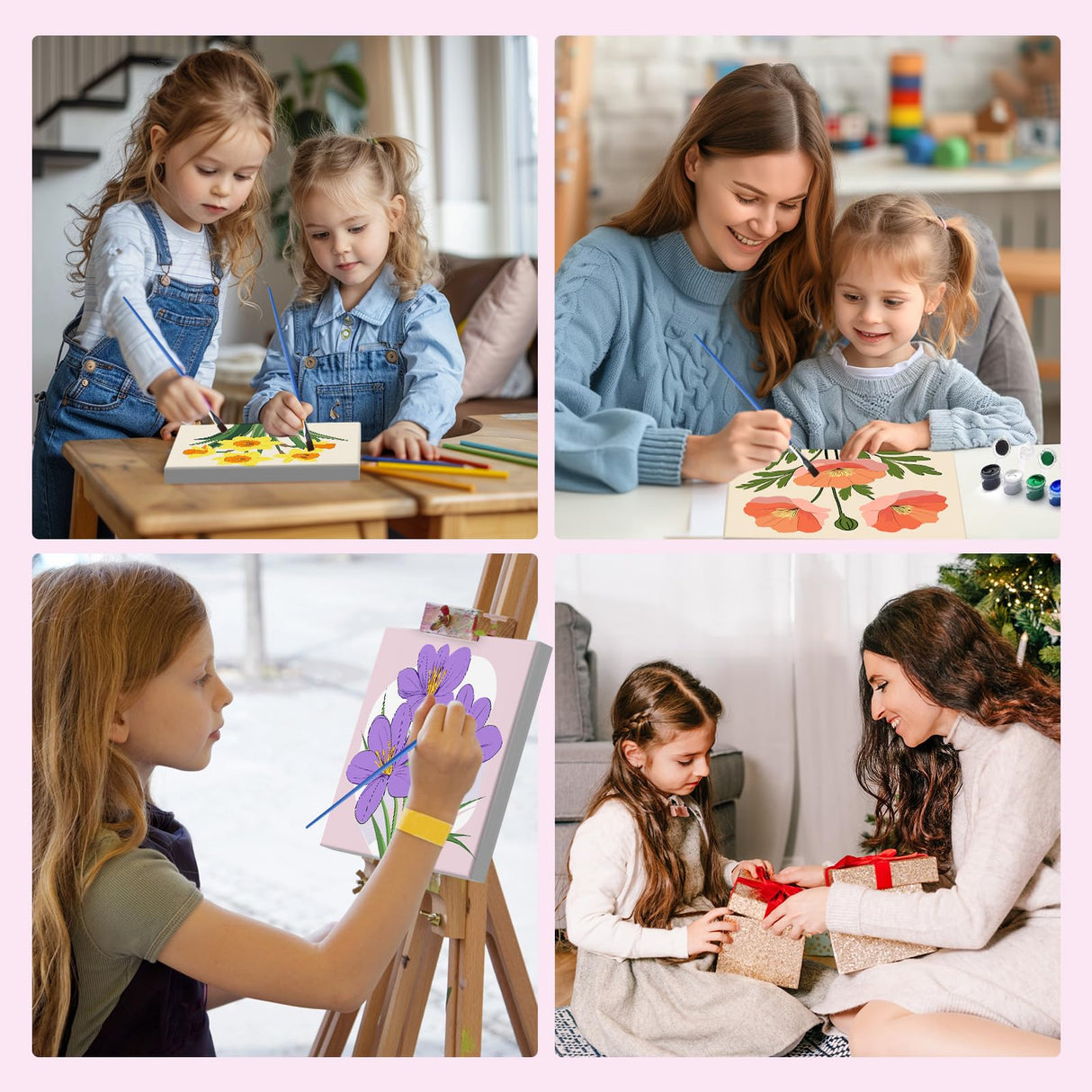 MXJSUA 4 Pack Flowers Paint by Numbers Kit with Framed Canvas for Ages 6-12 Kids, Paint by Numbers Kits for Adult Beginners, Acrylic Oil Painting for Home Wall Decor Gift (8x8 inch) MXJSUA