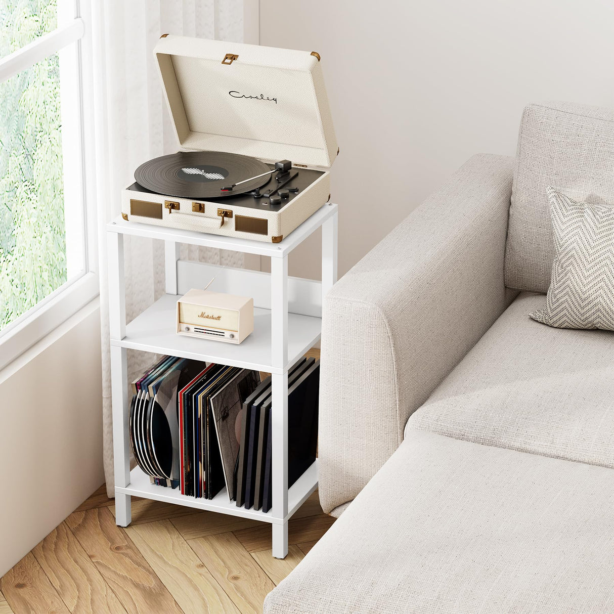 TUTOTAK Record Player Stand with Storage Up to 100 Albums,Record Storage Table,3 Tier End Table,Side Table for Living Room, Bedroom, White TB01BW075 TUTOTAK