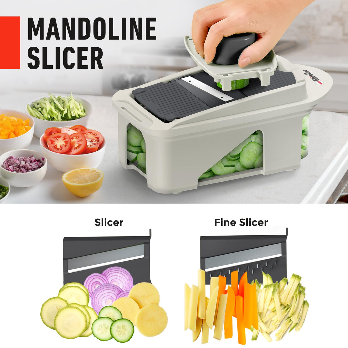 Mueller Pro-Series All-in-One, 12 Blade Mandoline Slicer for Kitchen, Food Chopper, Vegetable Slicer and Spiralizer, Cutter, Dicer, Grater, Kitchen Gadgets Sets with Container, White Sand/Gray Mueller