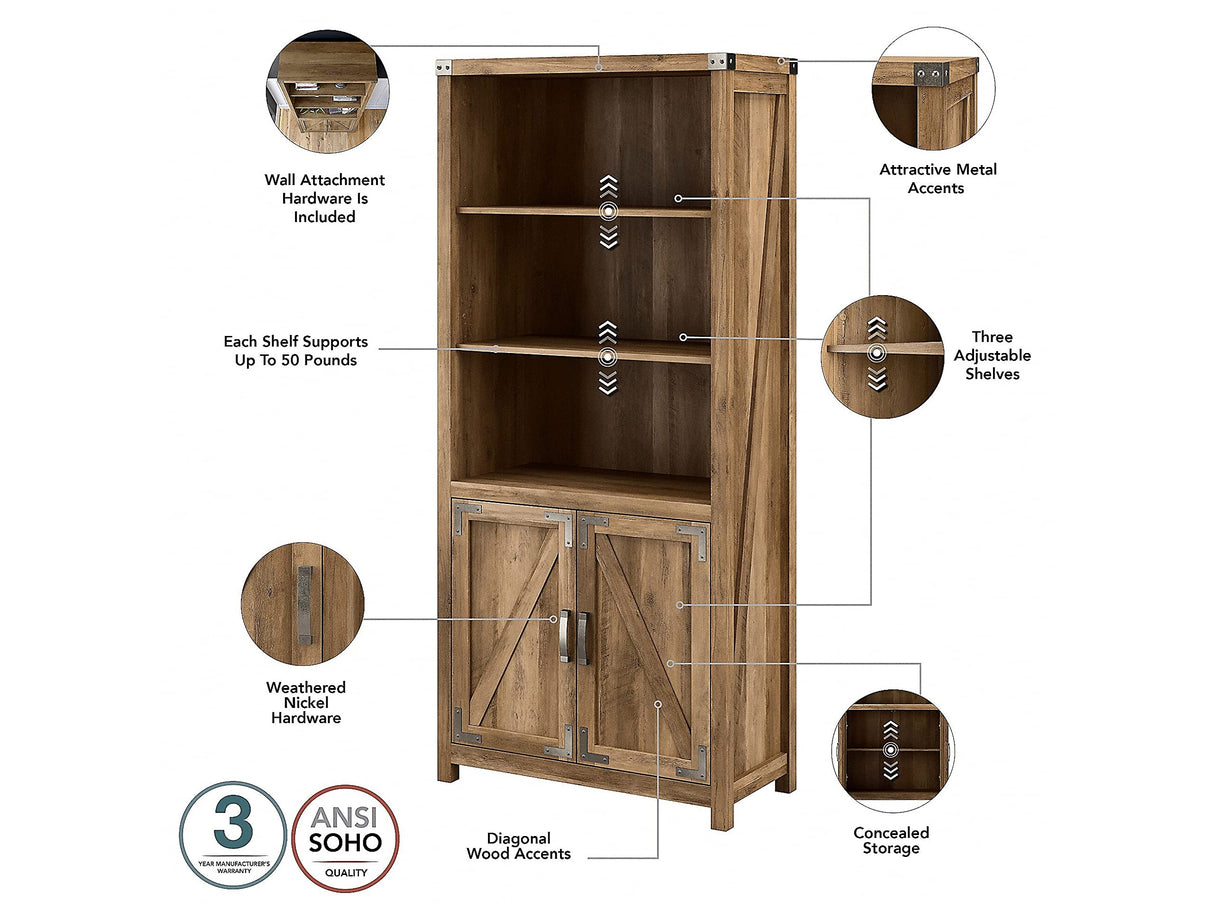 Kathy Ireland Home by Bush Cottage Grove 72-Inch Tall Bookcase with Doors in Reclaimed Pine Bush Business Furniture
