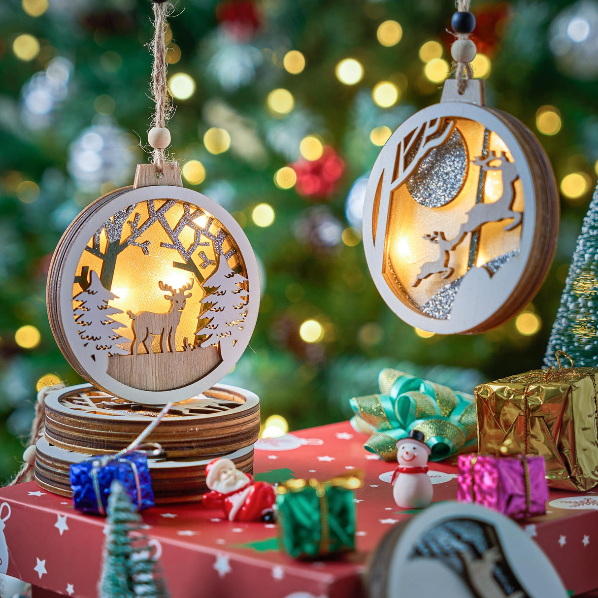 Joiedomi 6 Pcs LED Christmas Hanging Wooden Reindeer Ornaments, Christmas Light Up Ornament for Christmas Tree Decoration, Xmas Lighted Pretty Ornament, Presents, Party Supplies Decorations Joiedomi