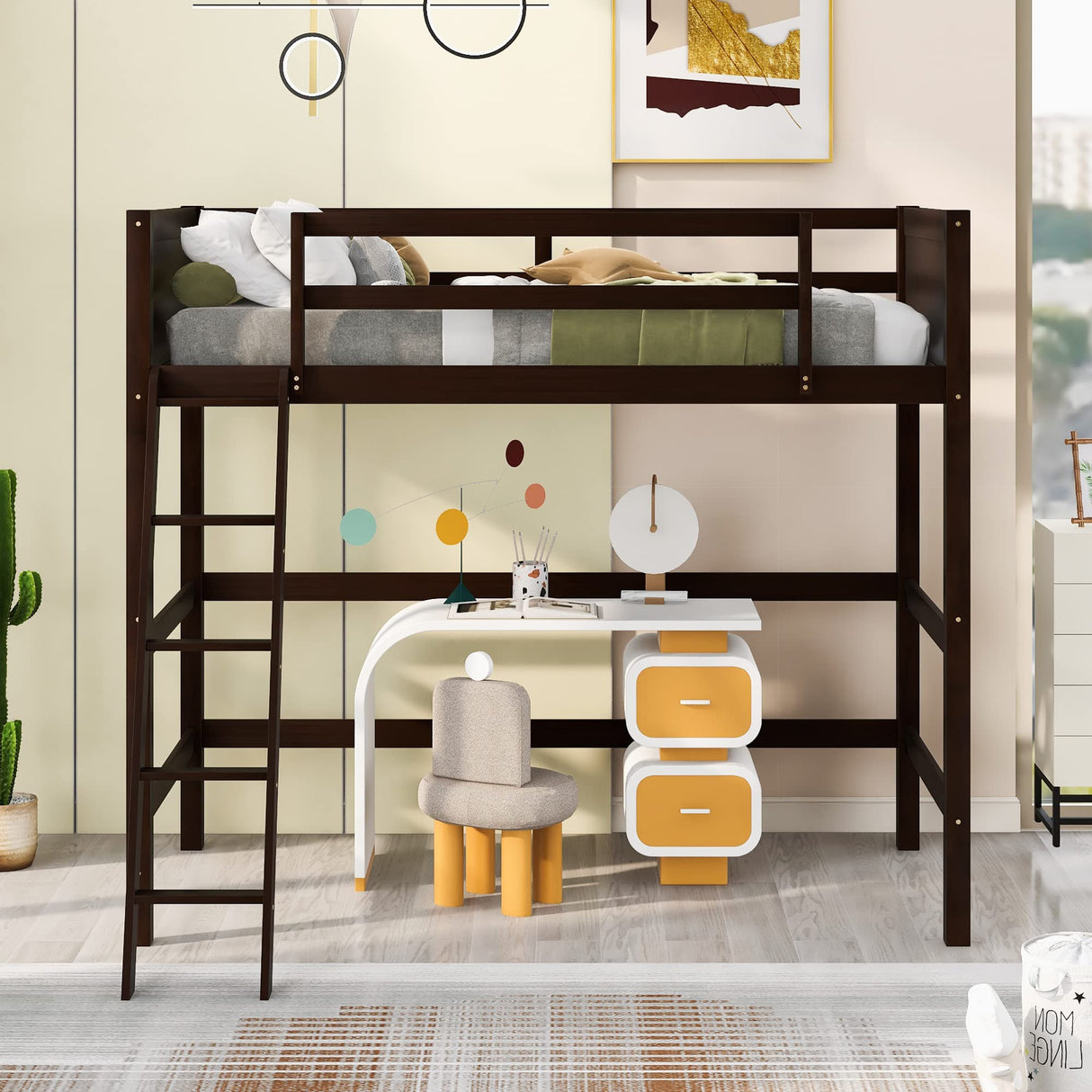 Espresso Solid Wood Twin Loft Bed with Ladder and Safety Guardrail CNANXU