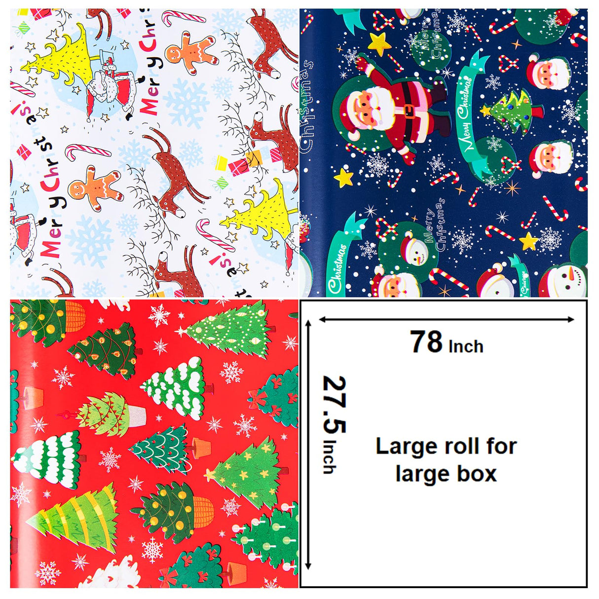 Linnoptimix Christmas Wrapping Paper Rolls -3 LARGE ROLL-27inch*78 inch per roll Colorful Foil Red White Blue wrapping paper(Christmas White/Red/Blue(005)) Linnoptimix