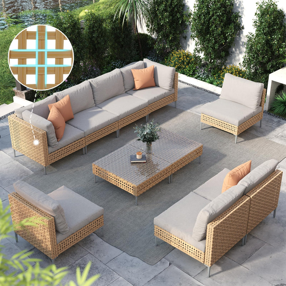 Grand patio 10-Piece Wicker Patio Furniture Set, Boho Outdoor Conversation Set Sectional Sofa with Water Resistant Beige Thick Cushions and Coffee Table, Beige Grand patio