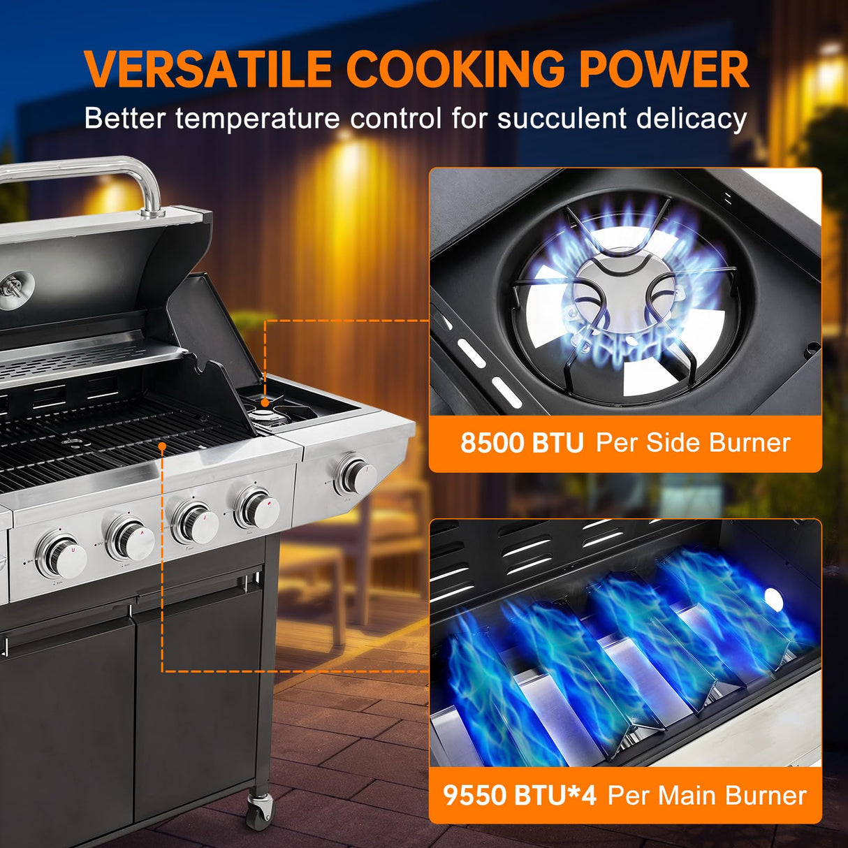 YIORTWO 4 Burner Propane Gas Grill with Side Burner, Stainless Steel BBQ Grill 48,500 BTU for Outdoor Cooking Kitchen, Garden and Patio Backyard Barbecue, Black and Silver YIORTWO