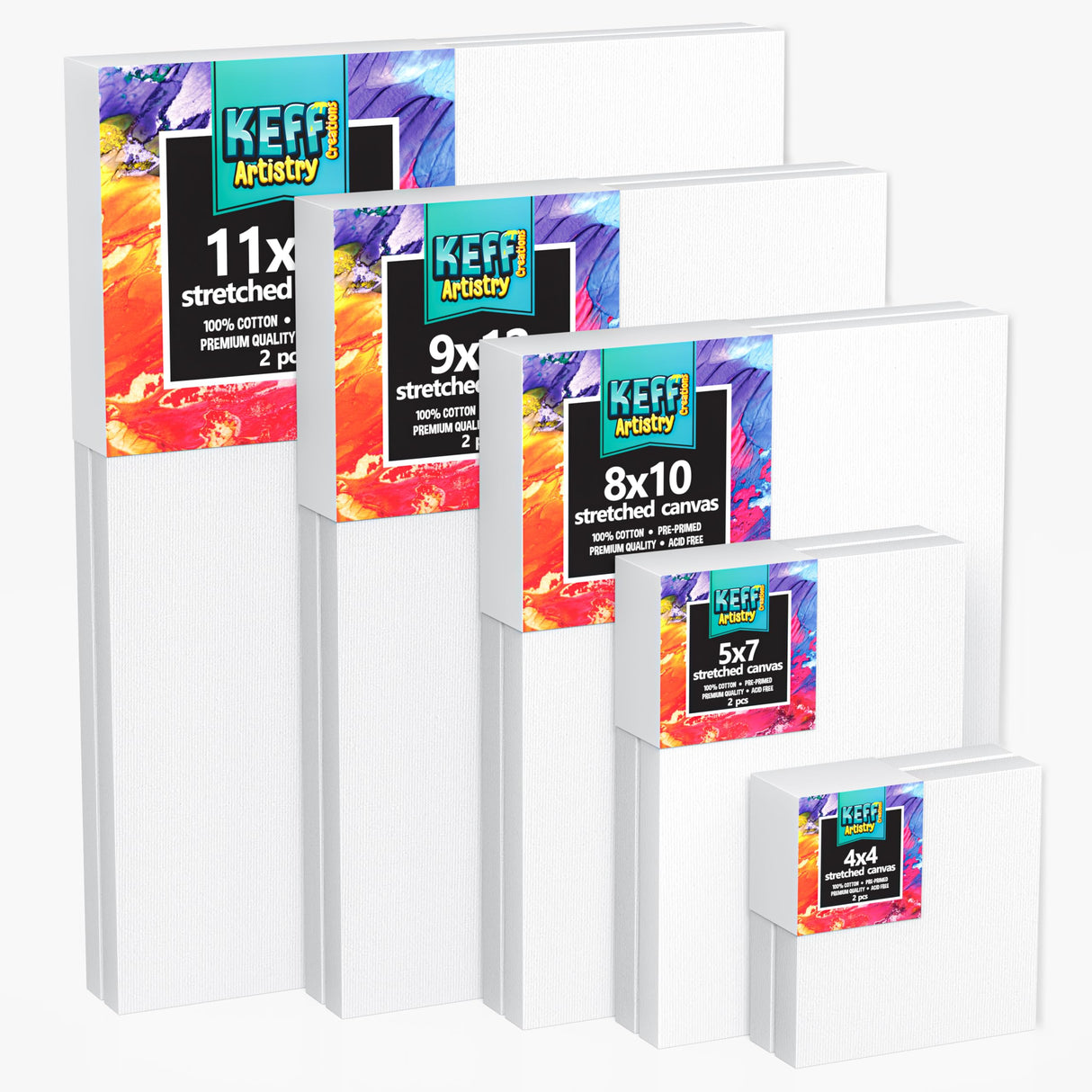 KEFF Stretched Canvas for Painting (10 Pack) Blank Painting Canvas - 2 of Each; 4x4, 5x7, 8x10, 9x12 and 11x14 Canvas, 100% Cotton Pre-Primed, Great for Pouring, Acrylic, Oil, Wet and Dry Art Media KEFF