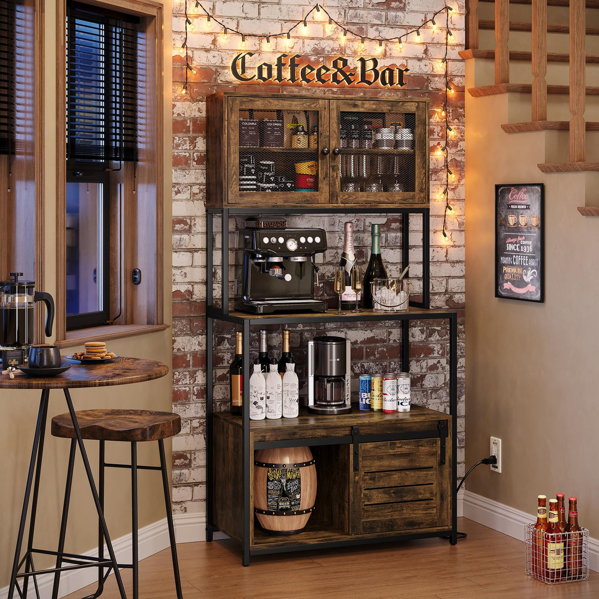 Furniouse 6-Tier Kitchen Bakers Rack with Power Outlet, Industrial Microwave Oven Stand with Shelves, Kitchen Utility Storage Shelf with Cabinet, Standing Storage Rack (Rustic Brown) Furniouse