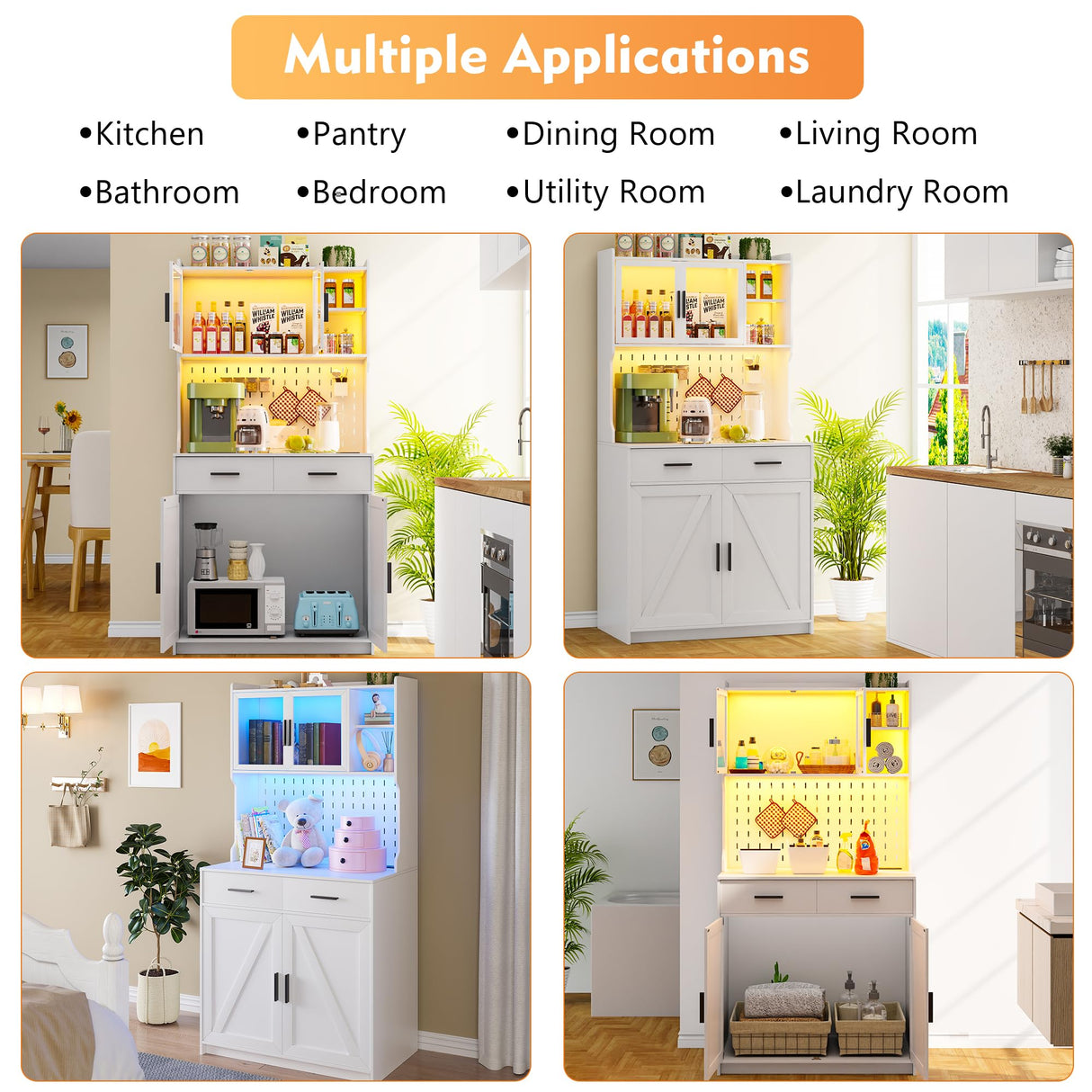 Gurexl 64" Farmhouse Kitchen Pantry with Auto Sensor LED,Storage Cabinets with 2 Outlets for Microwave & USB-C Ports,Hutch Cabinet with Pegboard,2 Cabinet,2 Drawers,1 Large Countertop Gurexl
