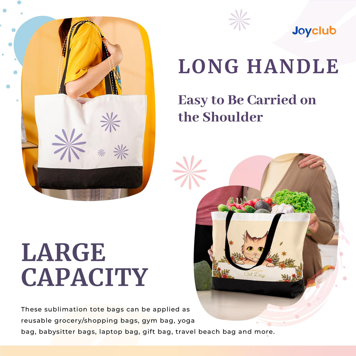 Joyclub 10 Pack Large Canvas Tote Bags Bulk Sublimation Blanks with Long Handle 18.5 x 15 x 4 inch Polyester Bags Wide Reusable Grocery for DIY Decorating Crafting Painting Shopping Joyclub