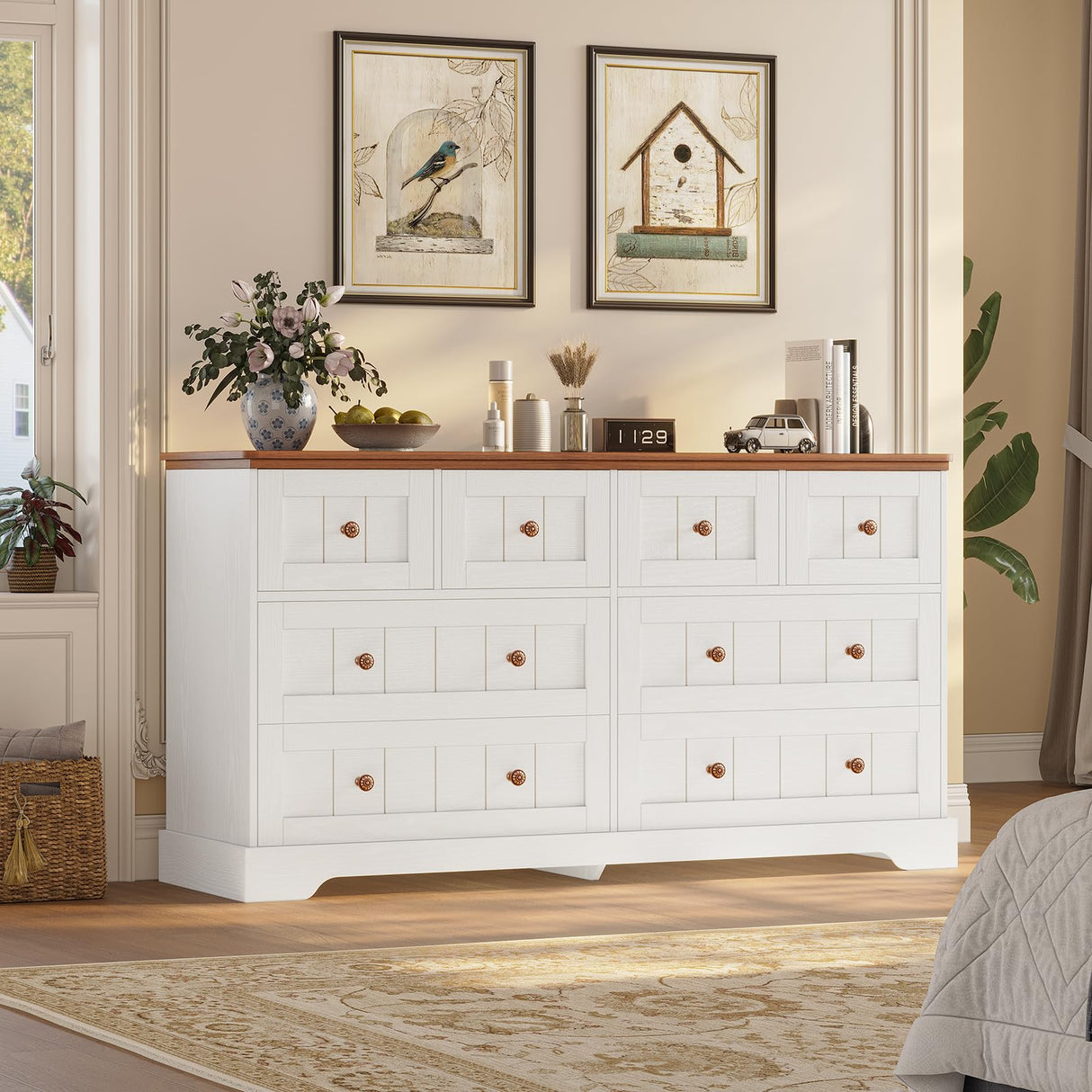 Hasuit White 8 Drawer Dresser, 55.1" Wide Farmhouse Dressers Chest of Drawer, Wood Bedroom Dresser with Hand Carved Panel, Large Capacity Clothing Storage Organizer for Bedroom, Living Room, Hallway Hasuit