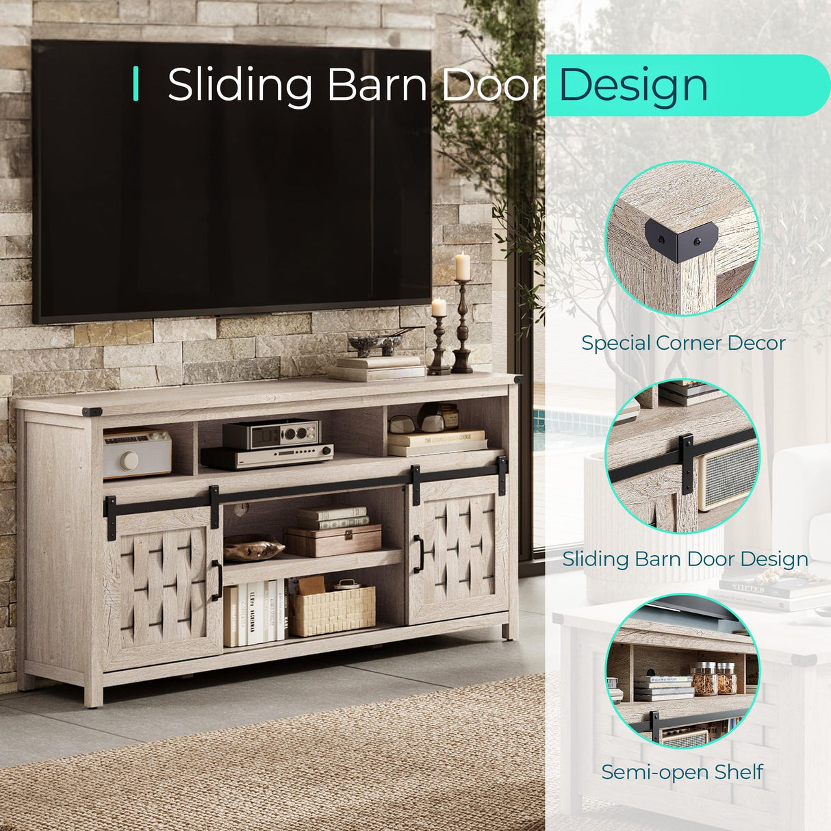 LINSY HOME Farmhouse TV Stand for 65 Inch TV, Tall Highboy Entertainment Center with Sliding Barn Door, Rustic Media Console with Storage Shelves, Wood Television Stand for Living Room, Light Grey LINSY HOME