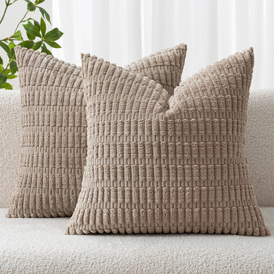 MIULEE Pack of 2 Corduroy Decorative Throw Pillow Covers 18x18 Inch Soft Boho Striped Pillow Covers Modern Farmhouse Home Decor for Sofa Living Room Couch Bed Light Brown