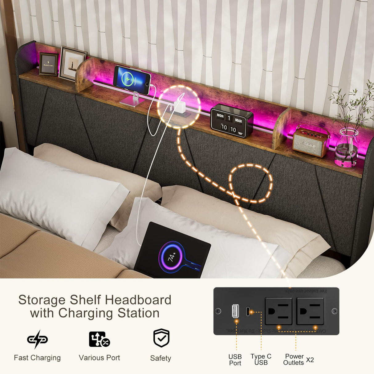 AOVSA Upholstered California King Bed Frame with Storage Headboard, Charging Station & LED Lights in Black AOVSA
