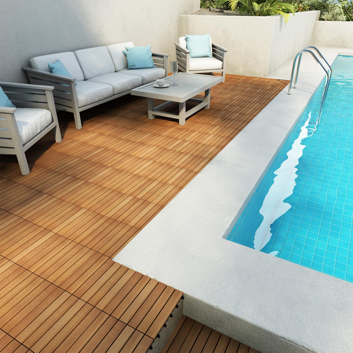 PrimeZone 54 PCS FSC Certified Acacia Wood Interlocking Deck Tiles - 12" x 12" Waterproof Indoor Outdoor Patio Flooring Decking Tiles for Balcony, Backyard & Poolside, All Weather Use, Natural Wood PrimeZone